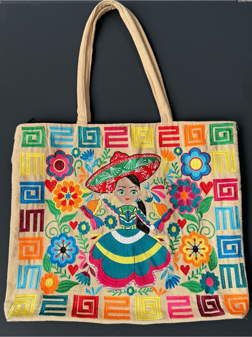 Embroidered Mexican Folk Art Tote Bag - Multicolor